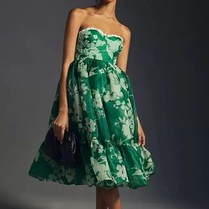 SELKIE Strapless Green Floral Midi Dress